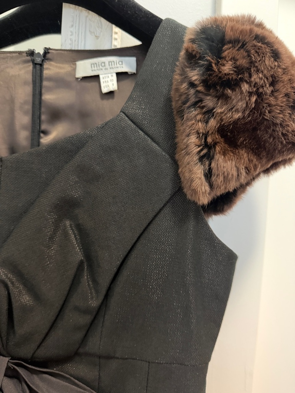 Black Dress Coat with Brown Real Fur Collar